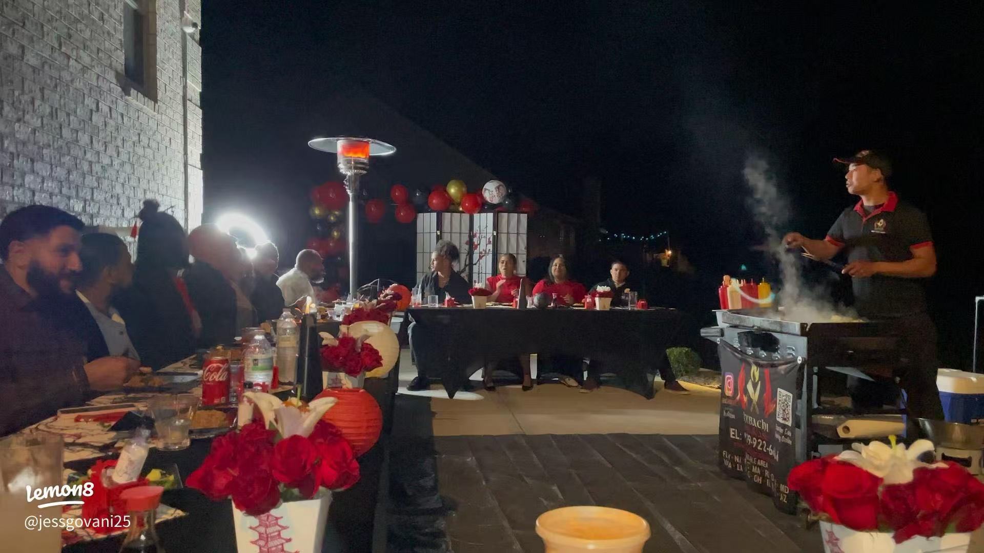 Hifire Hibachi private chef performing a live fire show at a 30A beach house party