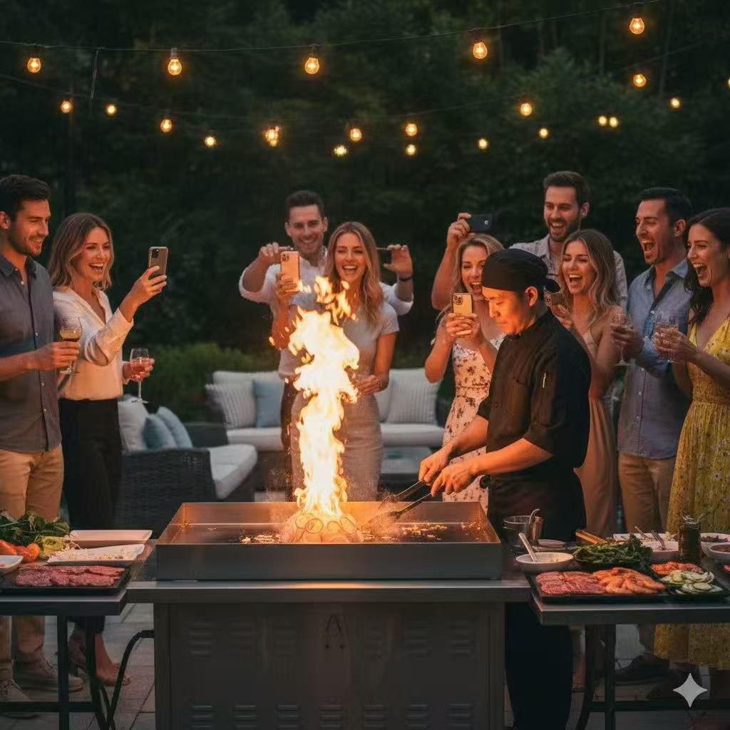 Hibachi family party setup with filet mignon and lobster