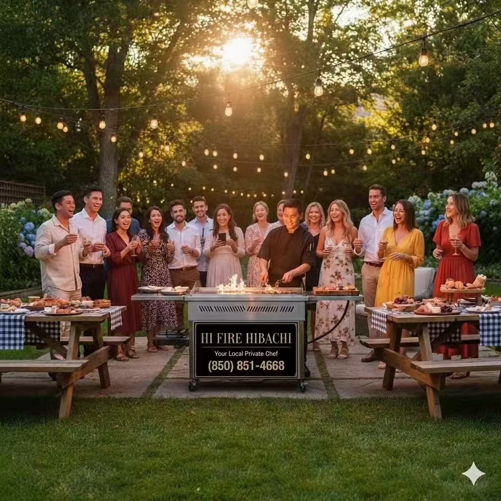 Live hibachi fire show at a Destin backyard family celebration